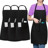 Set van 3 zwarte koksschorten, verstelbaar keukenschort met 3 zakken voor heren dames, groter werkschort voor serveerster, timmerman, slager, kapper, restaurant, bistro, tuin (waterdicht)