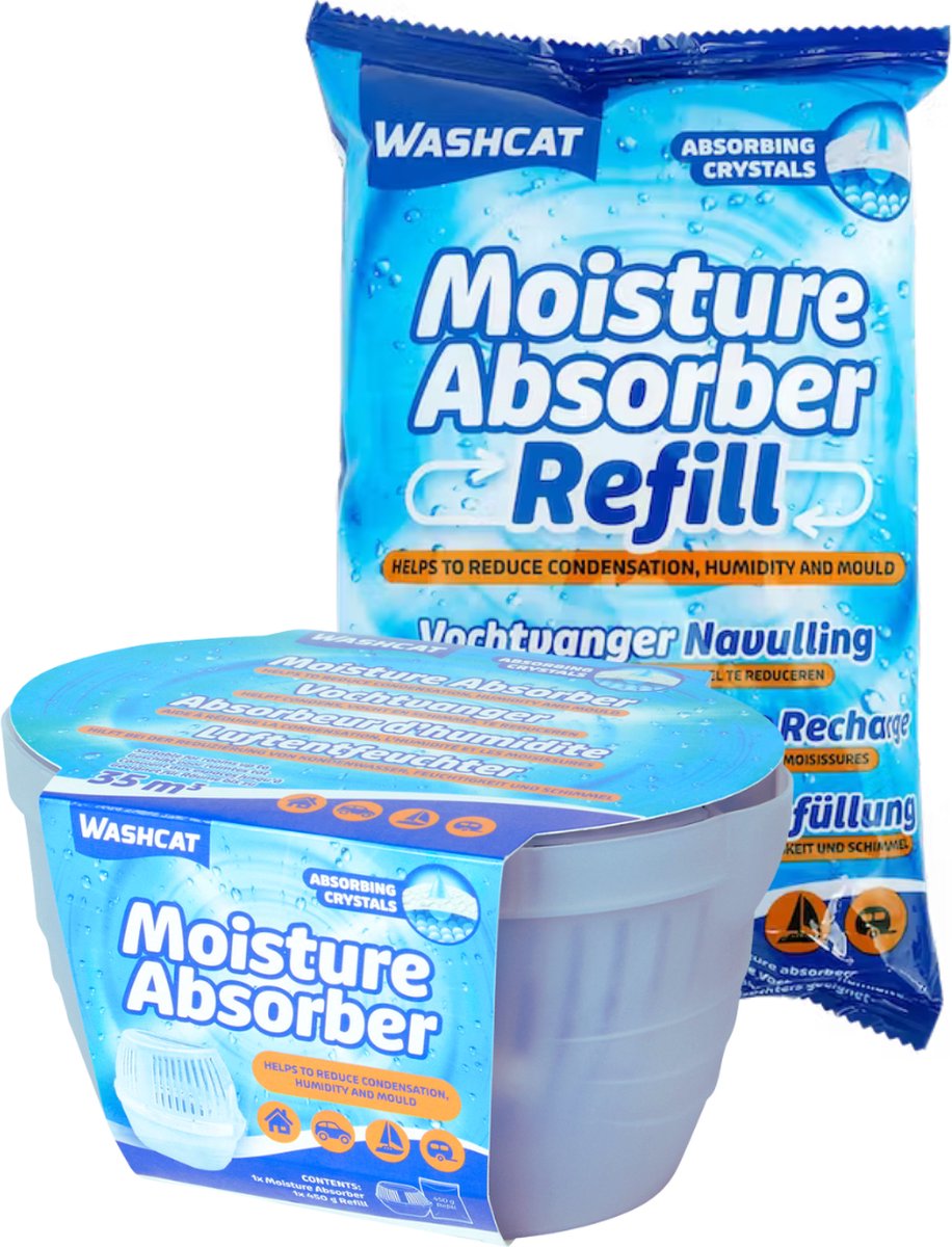 Washcat Inclusief 450 Gr Navulling - Geschikt voor ruimte tot 35m³ - Vocht Vangende Kristallen - Helpt condens, vocht en schimmel te reduceren