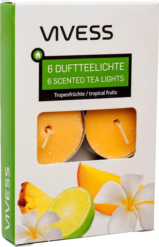 Vivess Tropical Fruits geurende gele theelicht kaarsen - pak van 6 stuks