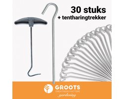 Stalen Haringen set van 30st. met Tentharing Trekker - Premium Gegalvaniseerd Staal - Grondanker - Tent Haring - Grondhaken - Tent spijker - 20cm lang - 3cm haak - 5mm premium dikte tentharing - Groots®