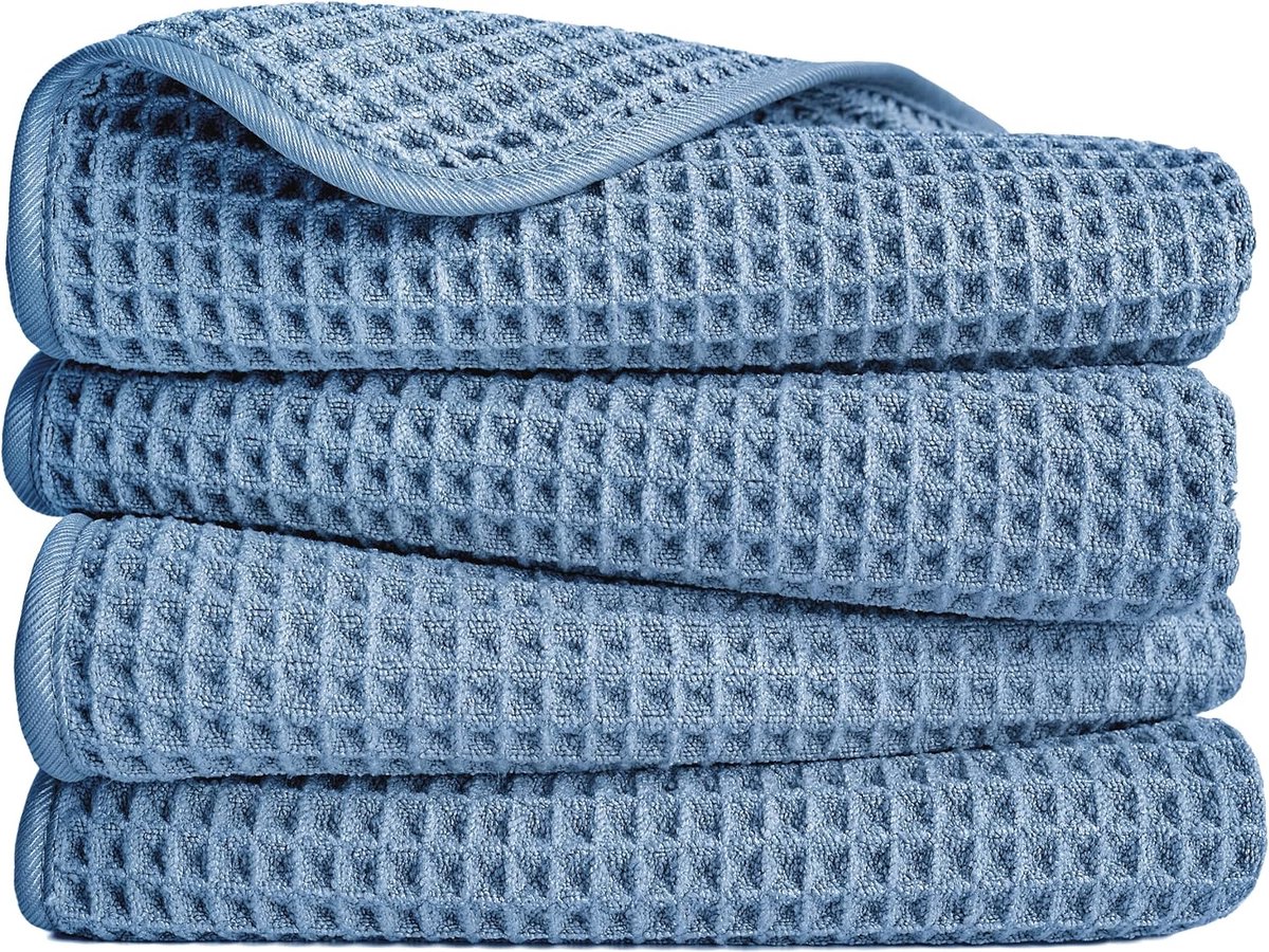 Goedkoopste Microvezelhanddoek - pluisvrij en sneldrogend - wafelstructuur - blauw - 40 x 76 cm - 4 stuks