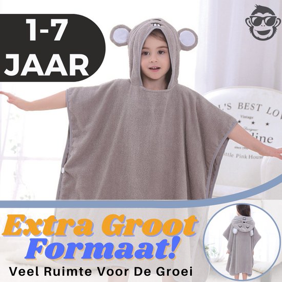 BoefieBoef 2-in-1 Muis Dieren Badponcho & Badlaken voor Baby's, Peuters en Kinderen 1 tot 7 jaar – Eco Bio Katoen – Speelse en Comfortabele Zwemponcho - Deken - Badcape - Wikkeldeken - Grijs