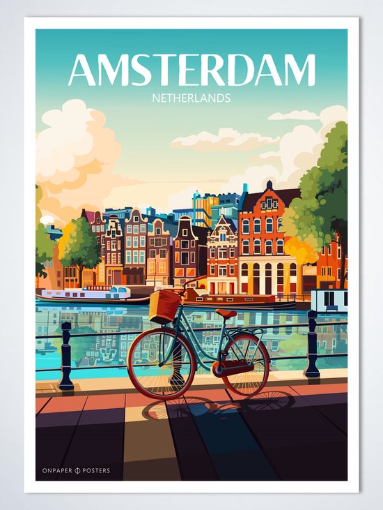 Amsterdam Poster 50 x 70 cm - Stadsposter - Grachtenpanden - Woonaccessoires