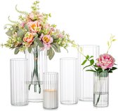 Glazen cilinder, glazen vaas, windlicht, glas met bodem, 6 stuks, kaarsenstandaard, cilinder voor stompkaarsen, drijvende kaarsen, bloemen, pampasgras, vaas voor bruiloft, feest, eettafel