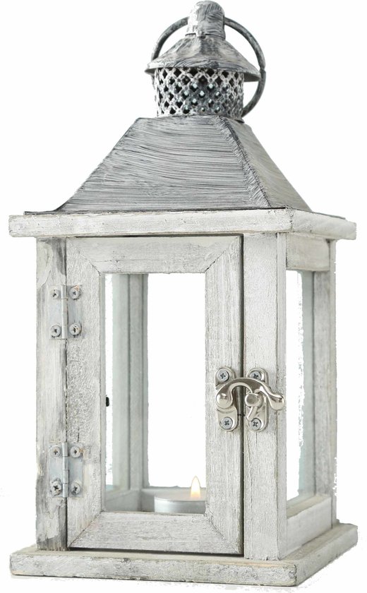 1x Bougeoirs / lanterne en bois blanc 13 x 25 cm - Style de vie champêtre - Accessoires de maison pour la maison / décorations pour la maison