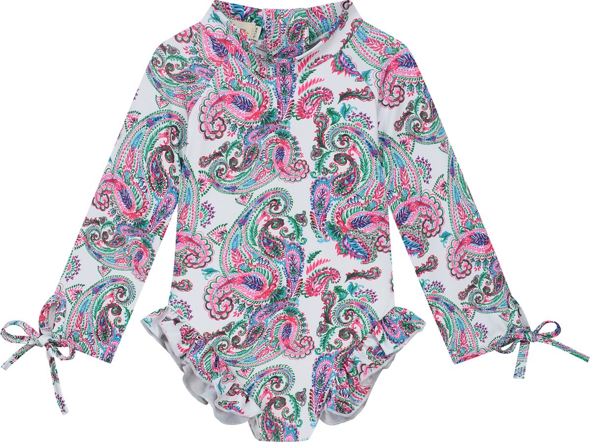 Supercute badpak UV-Zwempak - UPF50+, paisley wit met lange mouwen, drukknoopjes en ritssluiting maat 74/80