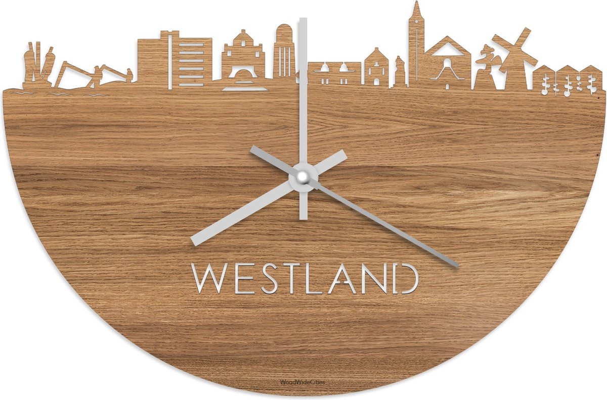 Skyline Klok Westland Eikenhout - Ø 40 cm - Stil uurwerk - Wanddecoratie - Meer steden beschikbaar - Woonkamer idee - Woondecoratie - City Art - Steden kunst - Cadeau voor hem - Cadeau voor haar - Jubileum - Trouwerij - Housewarming - WoodWideCities