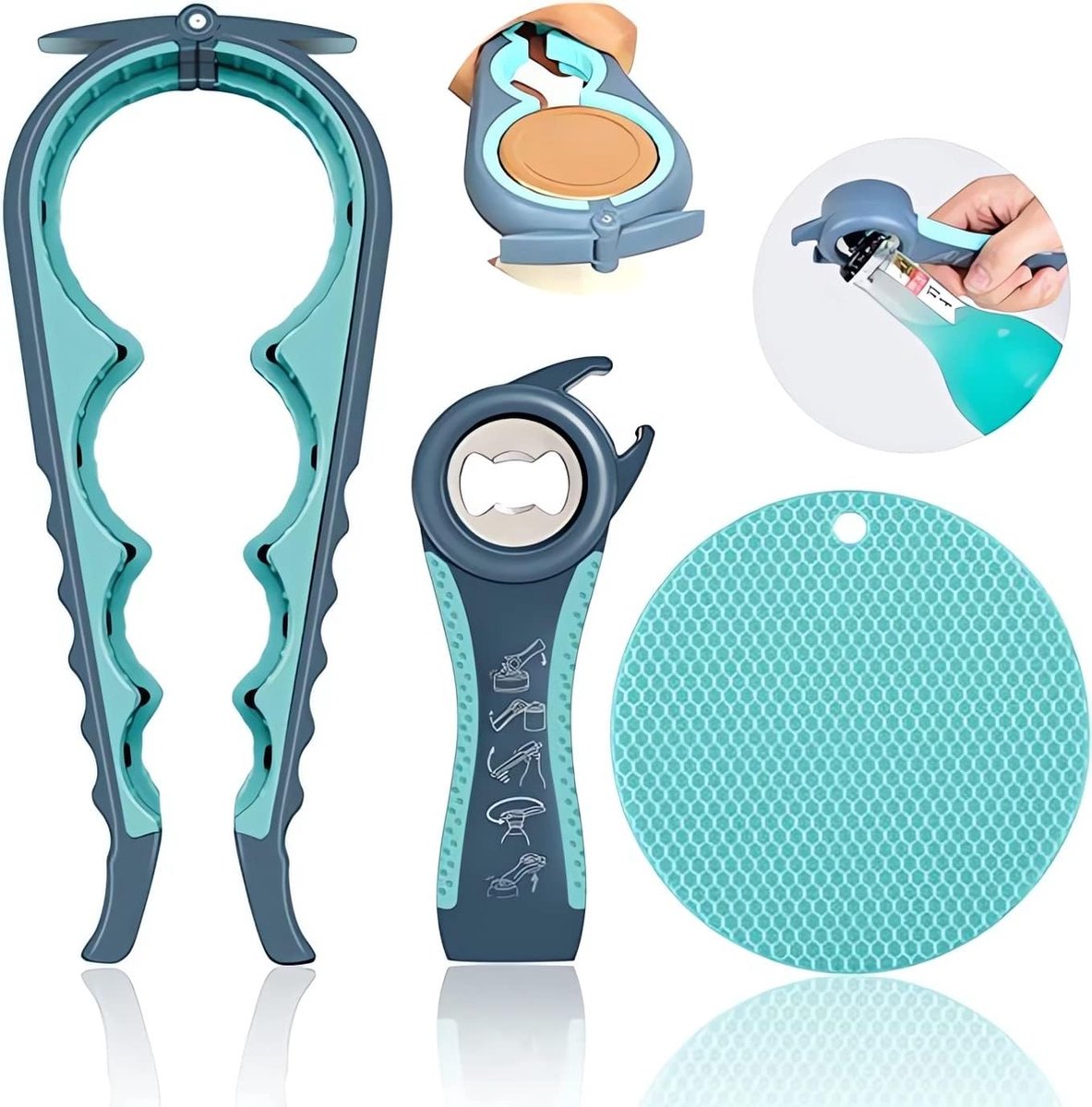 Flesopener 3-delige set 5-in-1 en 4-in-1 multifunctionele glazen flesopener eenvoudig te bedienen voor kinderen ouderen en artritische mensen siliconen greephulp (blauw)