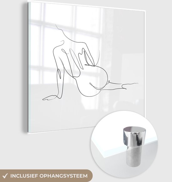 MuchoWow® Glasschilderij 20x20 cm - Schilderij acrylglas - Abstracte line art van een naakte vrouw van de achterkant vierkant - Foto op glas - Schilderijen
