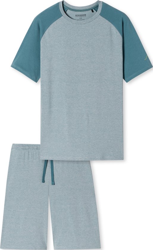 SCHIESSER 95/5 Nightwear shortamaset - heren shortama organic cotton strepen golf blauw-grijs - Maat: L