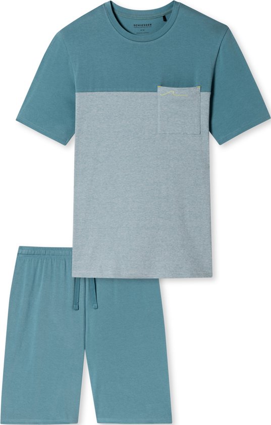 SCHIESSER 95/5 Nightwear shortamaset - heren shortama organic cotton strepen borstzak blauw-grijs - Maat: M