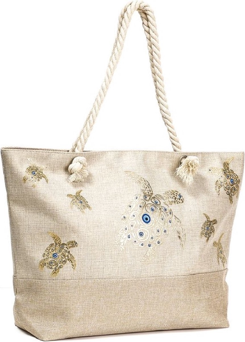 Een vrolijke strandtas met een print van een schildpad (55x35cm) gevoerd en afsluitbaar met een rits aan de binnenkant. Een handige tas om veel in mee te kunnen nemen. Afgewerkt met twee handvaten van gedraaid touw. Voor uzelf of als Cadeau.