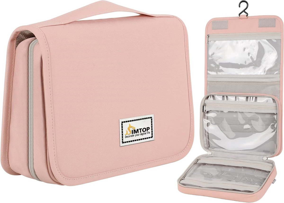 Toilettas Om Op Te Hangen, Toilettas, Waterdicht, Make-uptas Voor Op Reis, Make-uptas met 3 compartimenten, Opvouwbaar, Compact Formaat Voor heren, Dames, Kinderen, Meisjes(Roze)