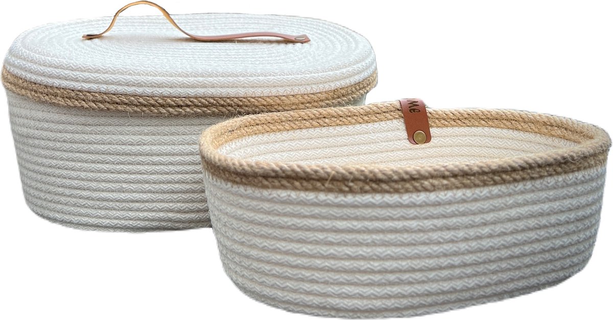 OZ Home - 2-delige Mandenset met Deksel - Ovaal - Wit/Beige - Duurzaam & Functioneel - Voor Compacte Opslag en Decoratie