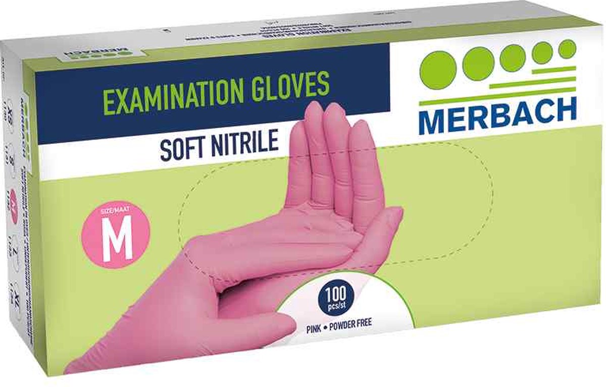 Goedkoopste Voordeelverpakking 4 X Merbach handschoenen soft-nitrile poedervrij, roze - Small 100 stuks
