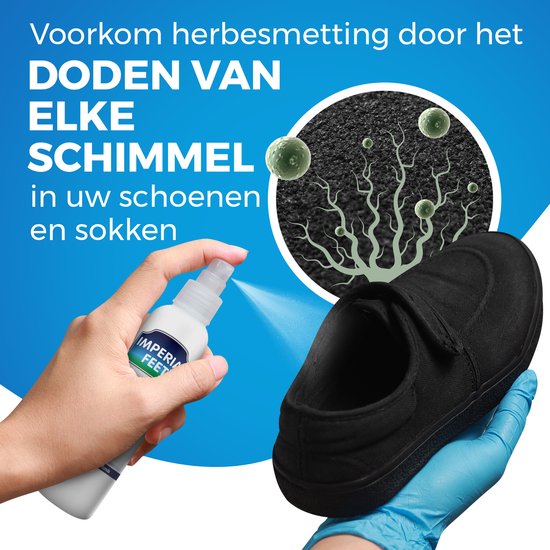 Hand met spuitbus desinfecteert zwarte schoen. Schimmelillustratie.