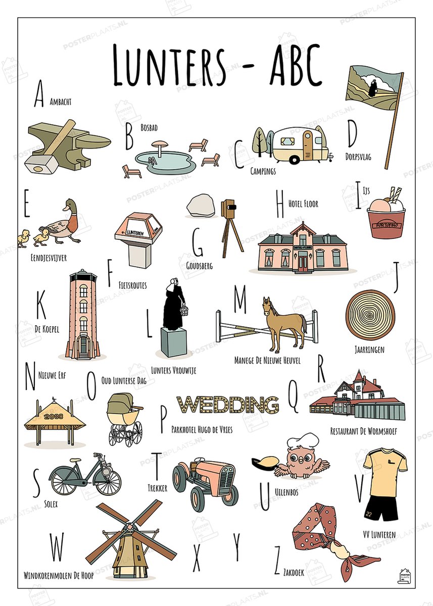 ABC Poster Lunteren - 50 x 70 cm - Educatieve Letterposter met Handgetekende Illustraties - Kinderkamer & Wanddecoratie - Woondecoratie - Relatiegeschenk