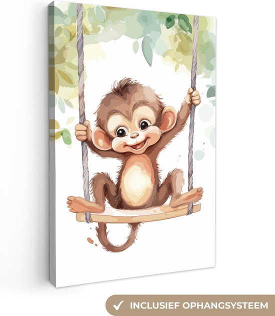 Canvas Schilderij Aap - Dier - Kinderen - Jungle - Kinderkamer accessoires - Babykamer decoratie - 60x90 cm - Dieren wanddecoratie voor jongen en meisje
