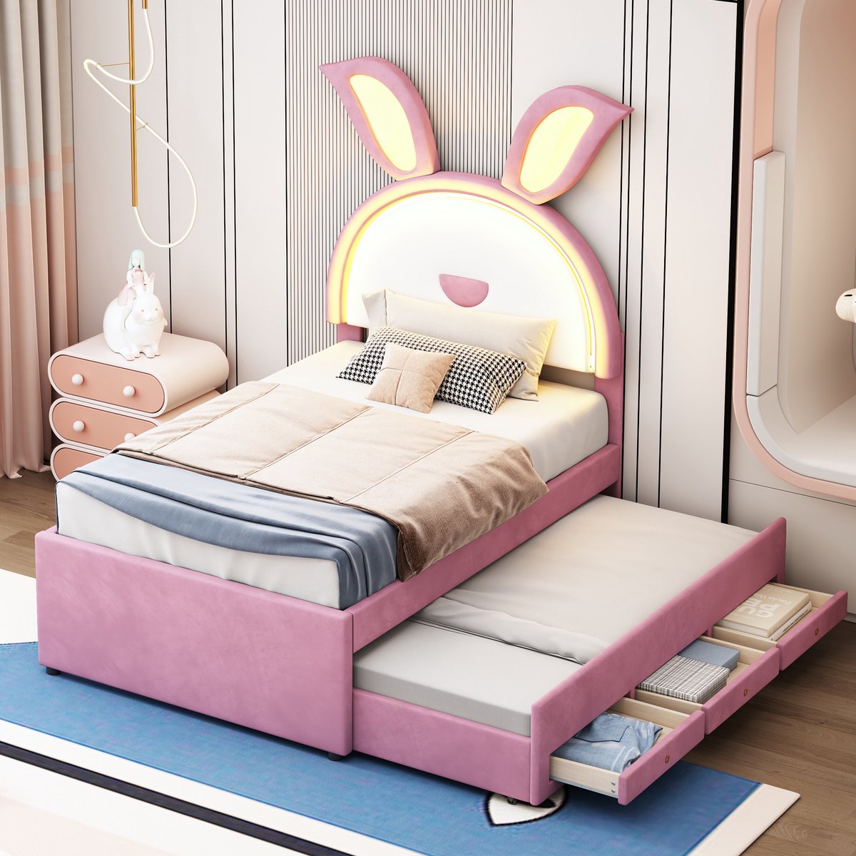 Kinderbed Gestoffeerd bed 90 x 200 cm - Hoofdeinde in konijnenvorm - Met fluweel bekleed eenpersoonsbed - Slaapbank met uitschuifbaar bed - Opberglade en van kleur veranderende LED-lichtroze