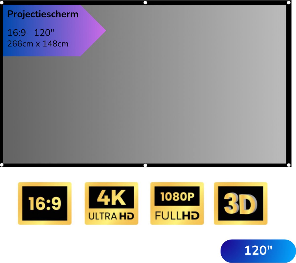 Efficiënt Huis Projectiescherm - 120inch - 266x148cm - Gemakkelijke montage - Anti-Reflectie technologie voor helder beeld - Projectiedoek - Beamerscherm - Beamerdoek