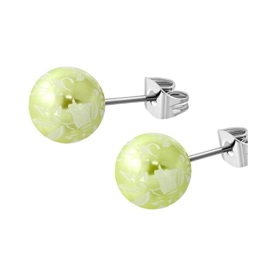 Aramat jewels ® - Ronde pareloorbellen bloemen zilverkleurig licht groen staal 5.7mm