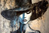 JJ-Art (Glas) 90x60 | Vrouw met hoed, abstract, surrealisme, gezicht, geschilderde stijl, kunst | mens, blauw, brons, zwart, modern | Foto-schilderij-glasschilderij-acrylglas-acrylaat-wanddecoratie