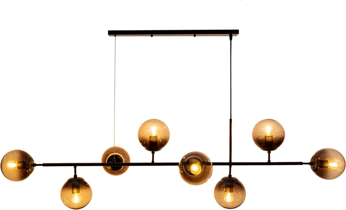 ByMus Isla - Hanglamp - Smoke - Glas - 8 glazen bollen - Zwart - E27 - Woonkamer - Kantoor