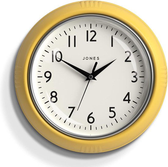 Ronde Retro Wandklok - The Ketchup Round Clock - Makkelijk leesbare cijfers, zwarte wandklok perfect als keukenklok, kantoorklok, woonkamerklok - Retro klok 25cm - Brutaal geel