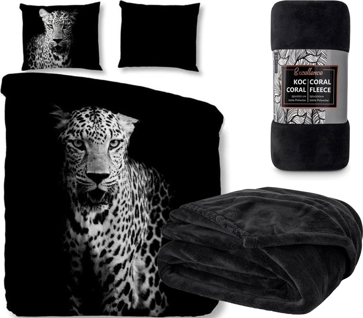Dekbedovertrek zwart- Luipaard- 140x200/220cm- 100% microvezel- incl. warme fleece-deken zwart- 150x200cm!
