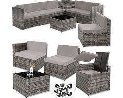 tectake® Wicker tuinlounge - Loungeset - Tuinset - Balkonmeubels - Vrij te groeperen - Tuinmeubelset inclusief bijzettafel, opbergbox en zit- en rugkussens - Zithoogte 41,5 cm - Grijs tectake® Wicker tuinlounge - Loungeset - Tuinset - Balkonmeubels - Vrij te groeperen - Tuinmeubelset inclusief bijzettafel, opbergbox en zit- en rugkussens - Zithoogte 41,5 cm - Grijs