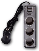 5-in-1 Autolader USB Splitter met 2 Poorten en 3 12V Verdeelpunten - 50cm Kabel, Zwart, 3.1A