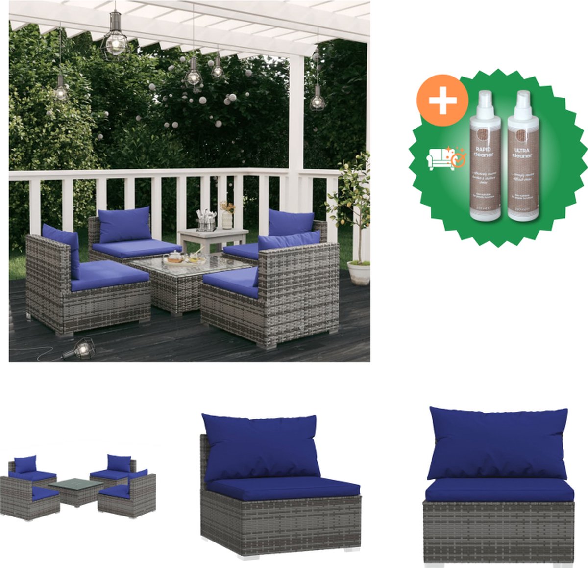VidaXL Poly Rattan Tuinset Grijs Modulair Design Waterbestendig PE-rattan Stevig Stalen Frame Comfortabele Kussens Afmetingen Salontafel- 60x60x30cm Middenbank- 70x70x60.5cm Montage vereist Tuinset Inclusief Onderhoudsset