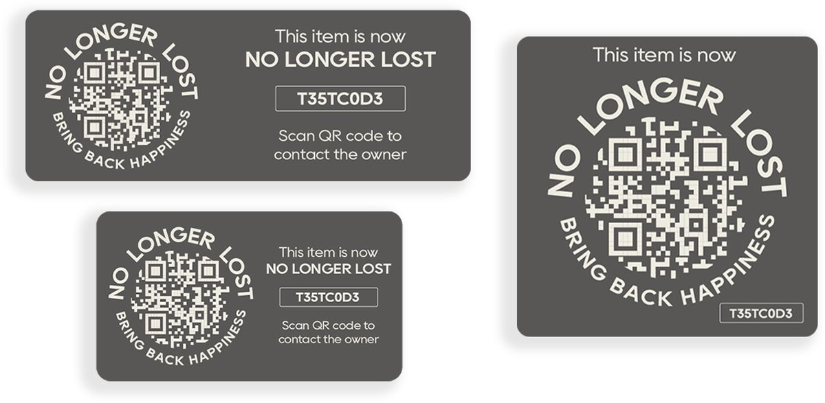 NoLongerLost - 'Triple Value Pack' Stickers - 3 stuks (verschillende afmetingen) - DonkerGrijs - Unieke QR code - Tracking