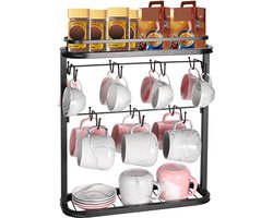 Bekerhouder met 14 haken Metalen bekerstandaard Koffiemokhouder Rek met plank Kopjesrek Koffiekopjesrek Keukenopbergrek voor koffiekopjes en mokken Koffiebar