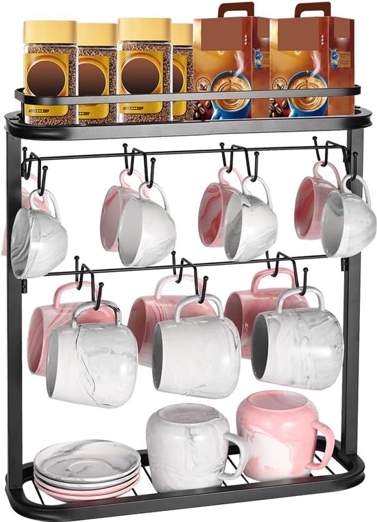 Bekerhouder met 14 haken Metalen bekerstandaard Koffiemokhouder Rek met plank Kopjesrek Koffiekopjesrek Keukenopbergrek voor koffiekopjes en mokken Koffiebar