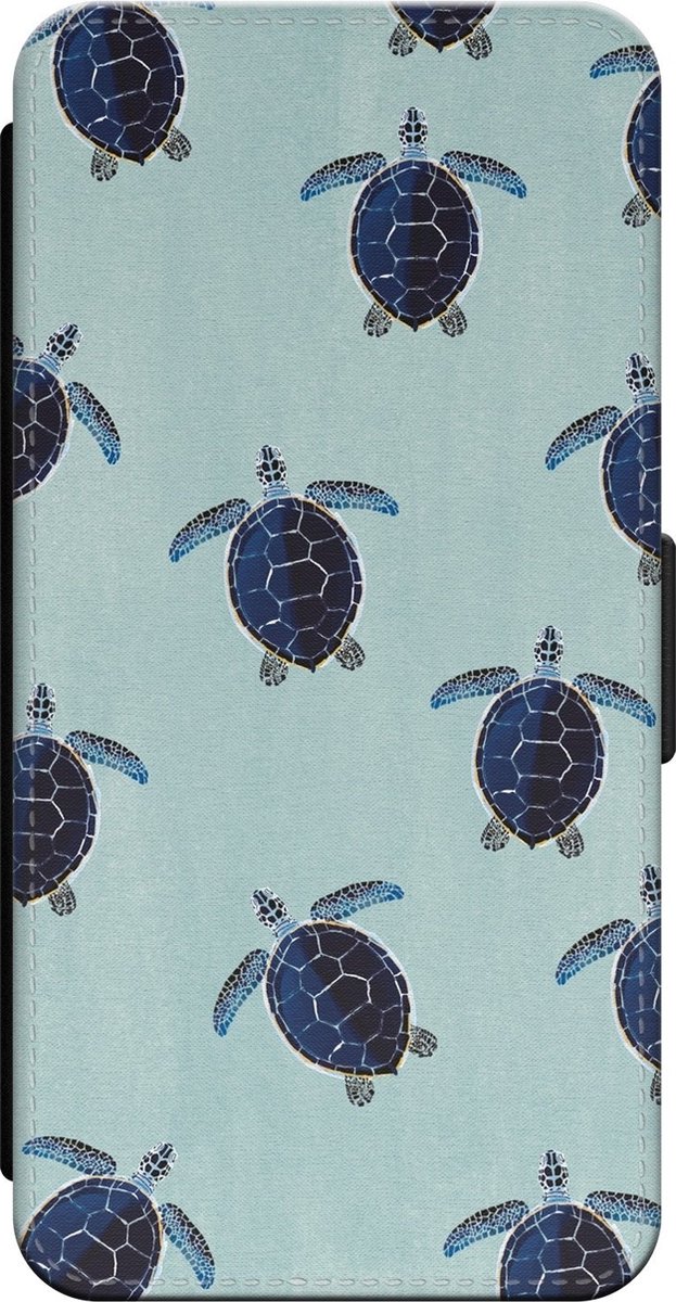 Leuke Telefoonhoesjes - Bookcase hoesje geschikt voor iPhone 14 Pro - Schildpadden - Wallet case met pasjeshouder - Print / Illustratie - Blauw