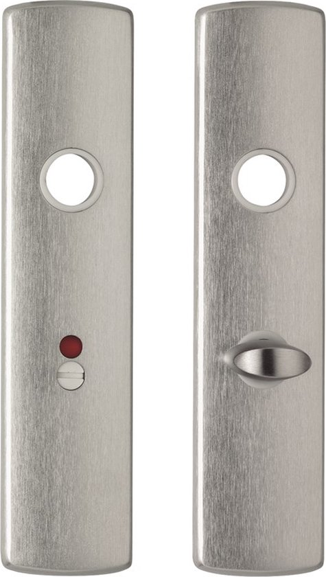 Twee aluminium AXA binnendeurschilden, één met draaiknop en één met indicatie rood/wit.