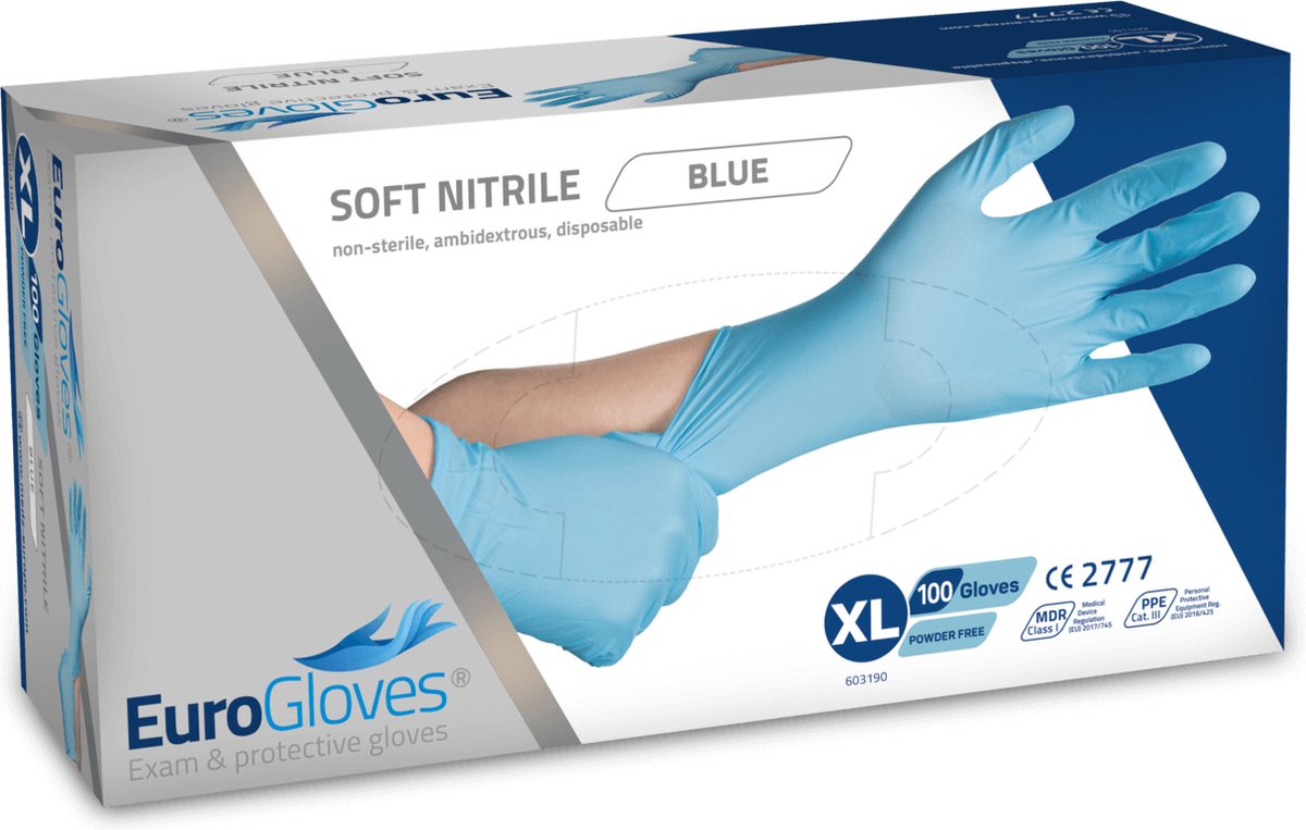 Goedkoopste Voordeelverpakking handschoenen 5 x Eurogloves soft-nitrile poedervrij blauw - XL 100 stuks