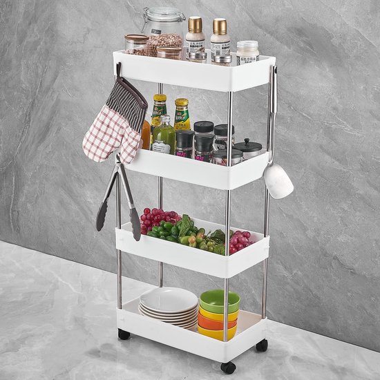 Smalle, smalle wagen, ruimtebesparend, keuken, badkamer, plank met planken en 4 wielen, multifunctioneel rek met wieltjes (3 legplanken Smalle, smalle wagen, ruimtebesparend, keuken, badkamer, plank met planken en 4 wielen, multifunctioneel rek met wieltjes (3 legplanken