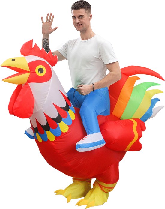 KIMU® Opblaas Kostuum Zittend op Kip Rood Regenboog - Opblaasbaar Pak - Kippenpak Mascotte Opblaaspak - Opblaasbare Haan Dames Heren Halloween