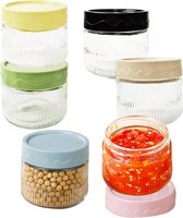 Herbruikbare glazen saladedressingcontainer, 240 ml, set van 6 portiebekers met deksels voor sauzen, kruiden, jello