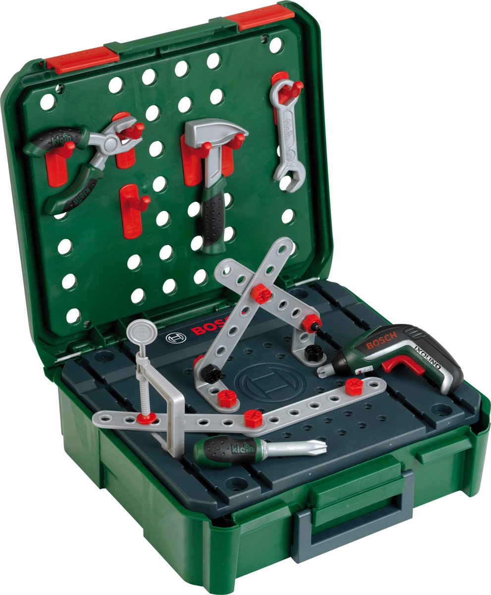 Klein Toys Bosch werkbankkoffer - Ixolino, moersleutel, schroevendraaier, hamer, bouwlatten, haken, schroeven, moeren, schroefklem en -tang - incl. licht- en geluidseffecten - groen rood - Klein