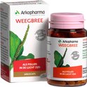 Doosje en potje Arkocaps Weegbree supplement. Groene plantafbeeldingen, met tekst 'Als pollen in de lucht zijn'.