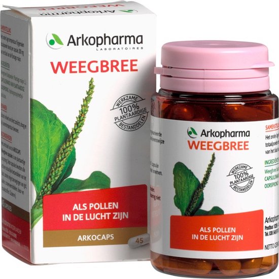 Doosje en potje Arkocaps Weegbree supplement. Groene plantafbeeldingen, met tekst 'Als pollen in de lucht zijn'.