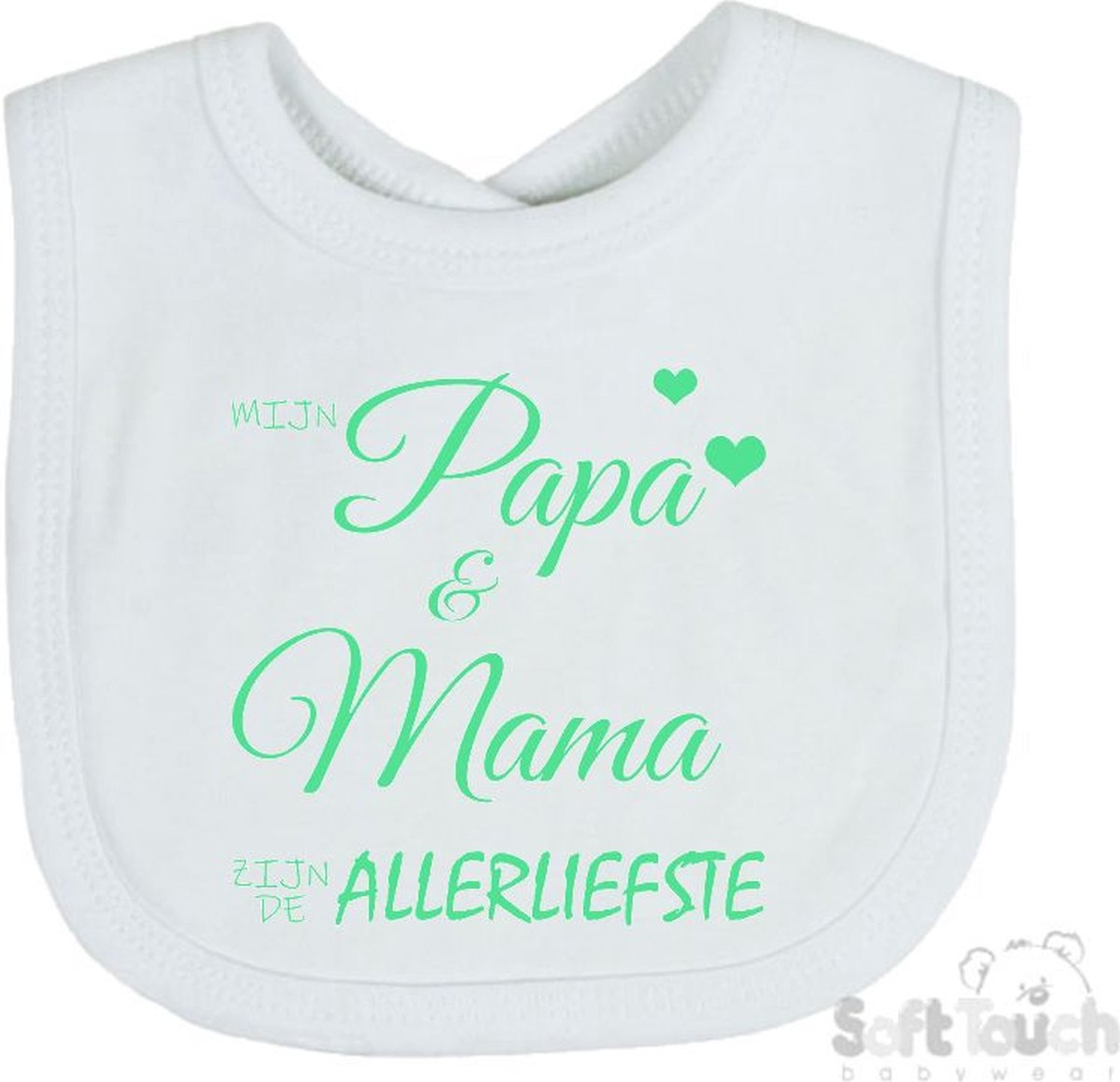 Goedkoopste Soft Touch Slabber Slabbetje Slab Mijn papa & mama zijn de allerliefste Unisex Katoen Wit/mint Maat 33x22 Cm