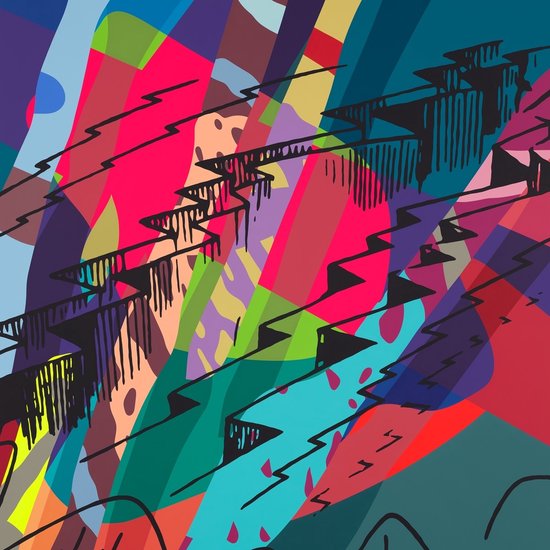 Motifs abstraits et vibrants en rouge, bleu, vert, jaune, rose et violet avec des lignes noires en zigzag et des éclaboussures.