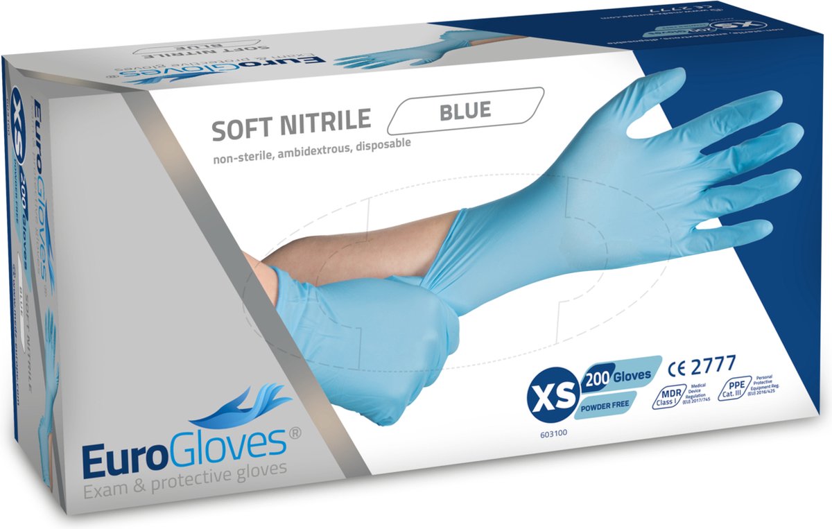 Goedkoopste Voordeelverpakking handschoenen 3 x Eurogloves soft-nitrile poedervrij blauw - XS 200 stuks