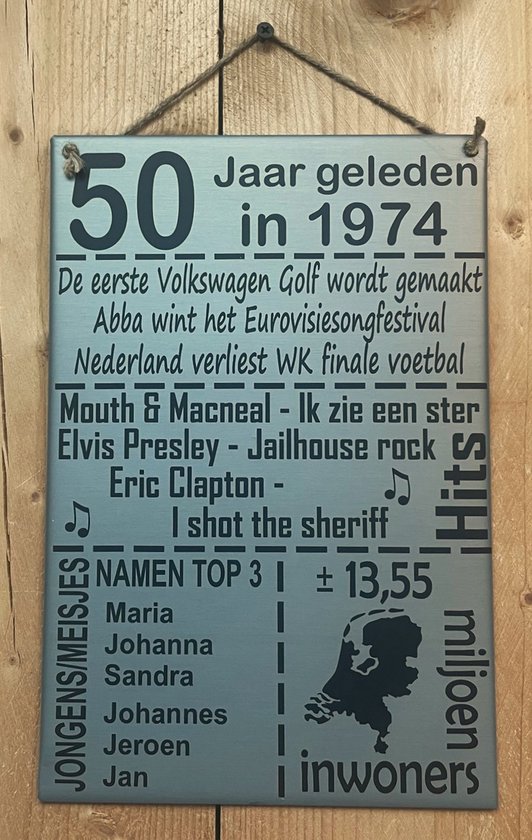 Zinken tekstbord 50 jaar geleden in 1974 - Grijs - 20x30 cm. - verjaardag - jubileum - Sarah - Abraham
