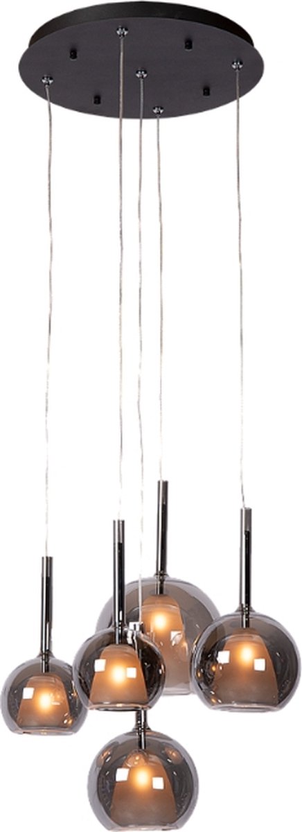 Atmooz - Hanglamp Saigon 5 - Vijf lampen - Glazen kappen - Zwart - Eye-catcher - Rookgrijs - Woonkamer / Eetkamer