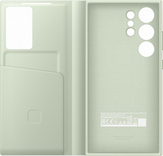 Étui portefeuille vert clair Samsung pour téléphone, ouvert, avec emplacements pour cartes et découpes pour appareil photo.